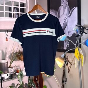 Fila Ringer Tee Mens Small Navy Blue Good Mesh Stripe Logo Short Sleeve Shirt